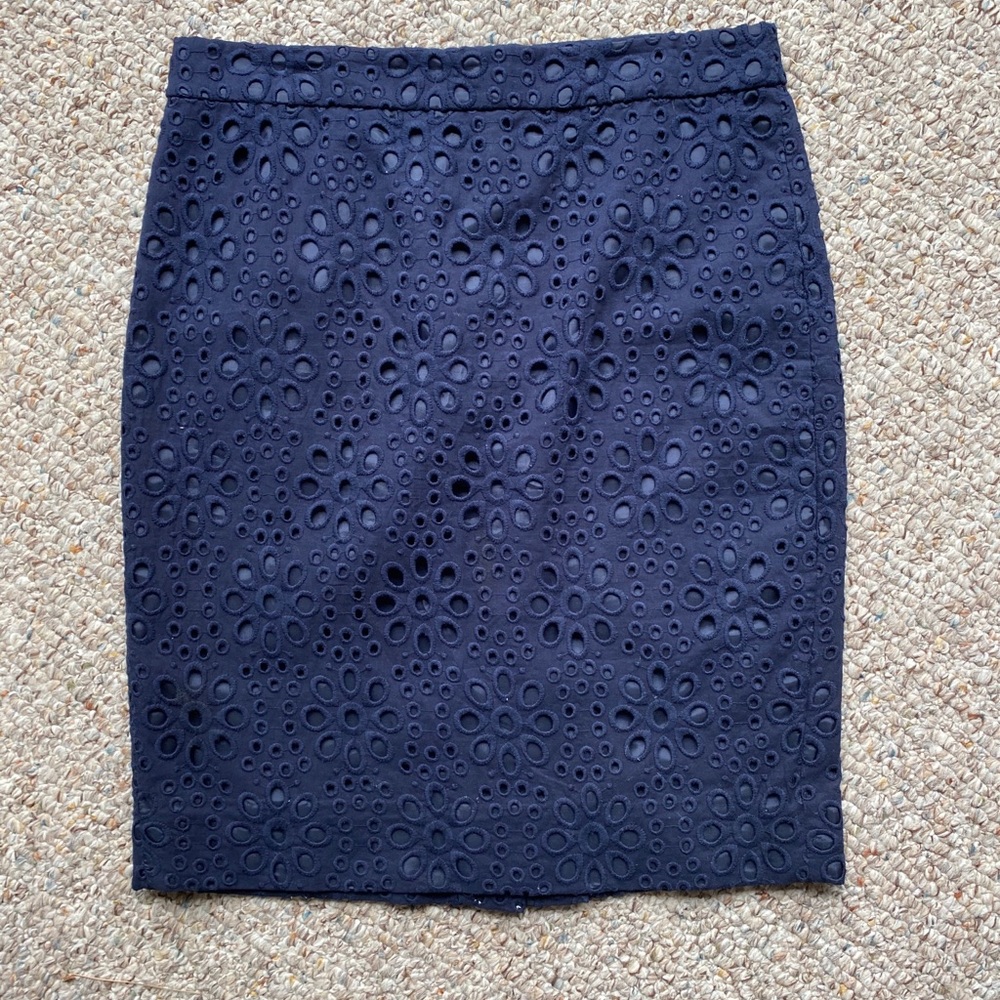 Navy embroidered floral pencil skirt